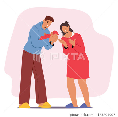 Happy mother and father holding newborn child in hands feeling love and adoration cartoon scene 123804907