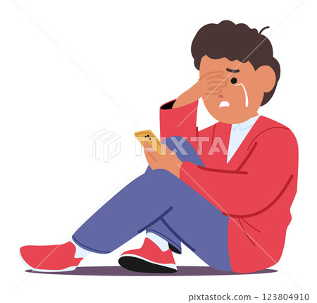 Elementary student cartoon schoolboy character crying suffering from cyber bullying from classmates 123804910