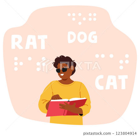 Schoolboy child cartoon character learning language reading book with Braille vector illustration Schoolboy child cartoon character learning language reading book with Braille vector illustration 123804914