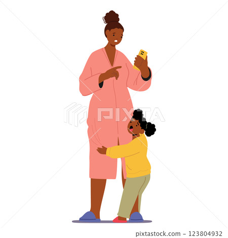 Upset mother calling to nanny ordering babysitting service while her little daughter child crying 123804932