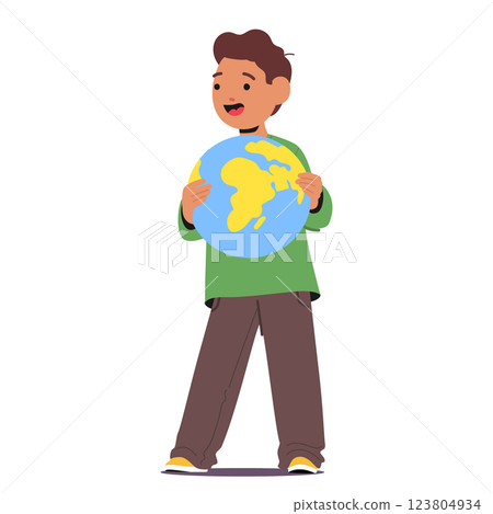 Happy schoolboy eco activists character holding earth planet globe banner in hand isolated on white Happy schoolboy eco activists character holding earth planet globe banner in hand isolated on white 123804934