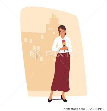 Pretty woman journalist, TV news presenter talking microphone making reportage on city streets Pretty woman journalist, TV news presenter talking microphone making reportage on city streets 123804940