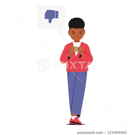 Schoolboy cartoon character engaged in cyber bullying pushing dislike reaction in social media 123804941