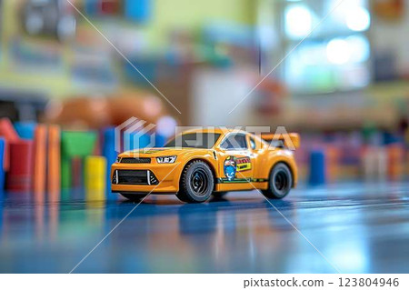 A yellow toy sports car with racing decals on a glossy surface, surrounded by colorful blurred toys in the background A yellow toy sports car with racing decals on a glossy surface, surrounded by colorful blurred toys in the background 123804946