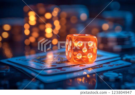 A glowing orange translucent die on top of playing cards, with blurred casino lights in the background 123804947