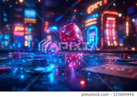 Neon pink dice suspended in mid-air above a casino table, glowing with cyberpunk-style lighting Neon pink dice suspended in mid-air above a casino table, glowing with cyberpunk-style lighting 123804948