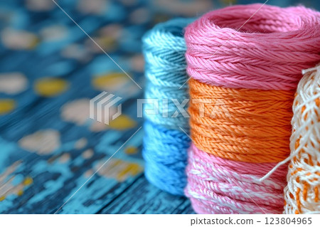 Colorful spools of cotton thread in pink, orange, and blue shades, stacked together on a rustic blue wooden surface Colorful spools of cotton thread in pink, orange, and blue shades, stacked together on a rustic blue wooden surface 123804965