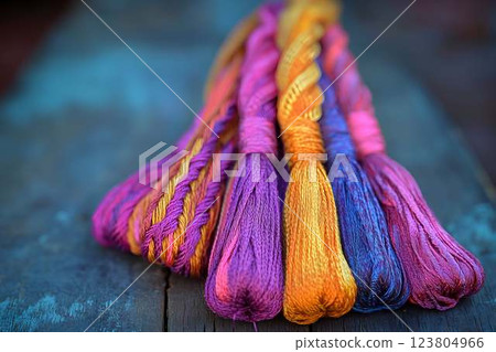 A set of twisted embroidery floss in pink, purple, orange, and blue hues, placed on a rustic wooden surface 123804966