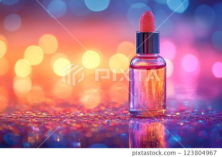 Small dropper bottle filled with shimmering liquid, placed on sparkling surface with warm bokeh lights in the background Small dropper bottle filled with shimmering liquid, placed on sparkling surface with warm bokeh lights in the background 123804967