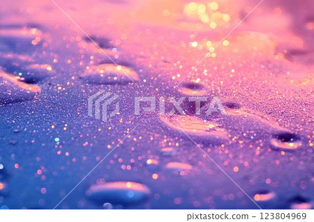 Close-up of sparkling water droplets reflecting pink and purple light, creating a dreamy and abstract composition Close-up of sparkling water droplets reflecting pink and purple light, creating a dreamy and abstract composition 123804969