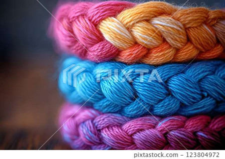 A stack of braided yarn in vibrant pink, orange, and blue tones, showing intricate textures and soft fibers A stack of braided yarn in vibrant pink, orange, and blue tones, showing intricate textures and soft fibers 123804972