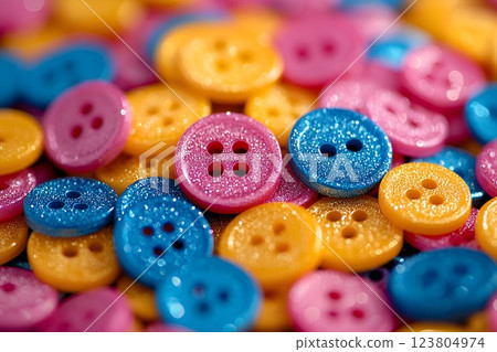 Glittery colorful buttons in shades of pink, blue, and yellow, scattered randomly, with a sparkling and textured surface Glittery colorful buttons in shades of pink, blue, and yellow, scattered randomly, with a sparkling and textured surface 123804974