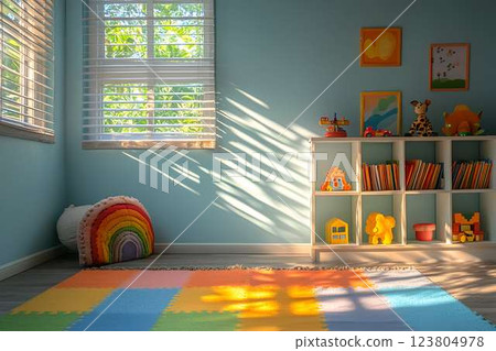 Colorful children's playroom with soft lighting, a cozy rainbow pillow, bookshelves filled with toys and books 123804978