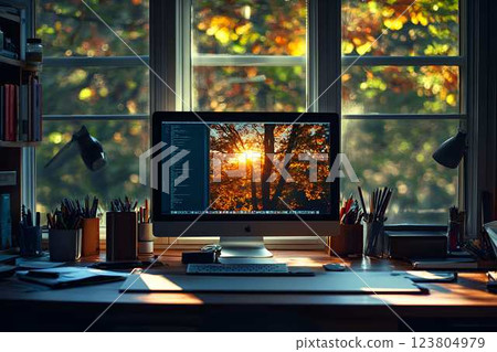Cozy home office with a large window, a computer on a wooden desk, surrounded by books and stationery 123804979
