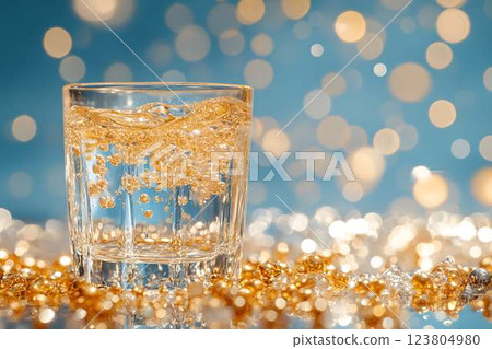 A glass of sparkling golden liquid with effervescent bubbles rising to the surface, set against glowing bokeh background A glass of sparkling golden liquid with effervescent bubbles rising to the surface, set against glowing bokeh background 123804980