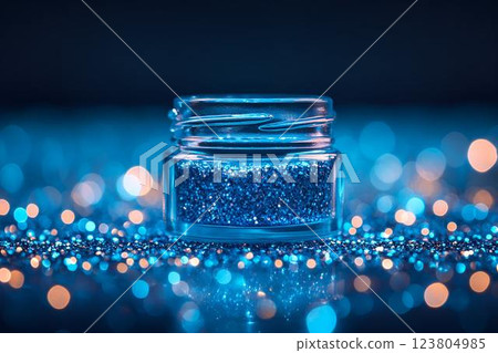 Small transparent jar filled with shimmering blue glitter, surrounded by scattered sparkles and bokeh lights background Small transparent jar filled with shimmering blue glitter, surrounded by scattered sparkles and bokeh lights background 123804985