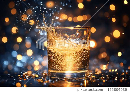 A splash of golden liquid in a glass, captured mid-motion with sparkling bubbles and warm glowing bokeh lights 123804986