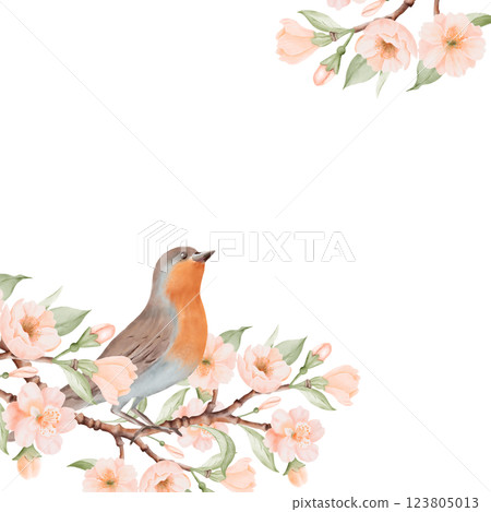 Spring square Frame with Bird and Blossoming Branch with Peach or Cherry Flowers. Hand drawn watercolor illustration on a white background. Ideal for nature, greeting cards and bird Day designs. Spring square Frame with Bird and Blossoming Branch with Peach or Cherry Flowers. Hand drawn watercolor illustration on a white background. Ideal for nature, greeting cards and bird Day designs. 123805013