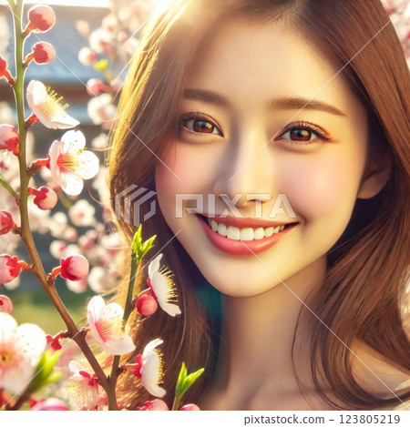 A scene was created of a 20-year-old Japanese woman smiling gently amidst beautiful plum blossoms in full bloom. 123805219