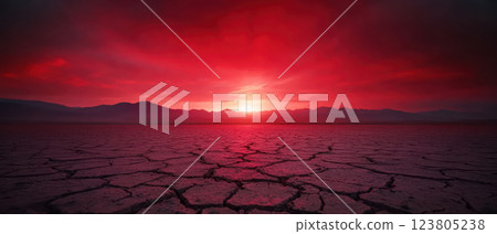 A dramatic sunset casts a red hue over a cracked earth landscape, evoking deep emotions. 123805238