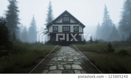A haunting house stands alone in a foggy forest, surrounded by tall trees and silence. 123805248