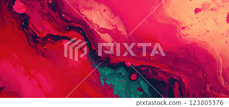 Vibrant abstract background with fluid shapes in red, pink, and teal colors. 123805376