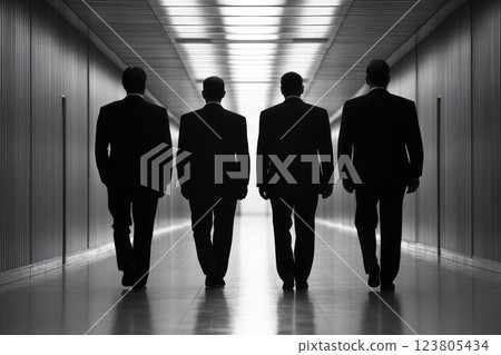 Four businessmen walking together in a modern corridor, exuding professionalism. Four businessmen walking together in a modern corridor, exuding professionalism. 123805434