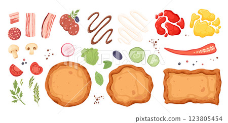 Pizza ingredients set isolated on white. Vector cartoon illustration of dough base, tomato, pepper, mushroom pieces, slices of ham and salami, ketchup sauce, olive oil, rosemary, italian fast food Pizza ingredients set isolated on white. Vector cartoon illustration of dough base, tomato, pepper, mushroom pieces, slices of ham and salami, ketchup sauce, olive oil, rosemary, italian fast food 123805454