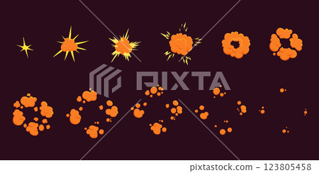 Cartoon motion explosions. Animated explosion shot, explode fire frames. Exploding effect frames vector illustration set. Explosion cartoon animation, boom movement, explore effect Cartoon motion explosions. Animated explosion shot, explode fire frames. Exploding effect frames vector illustration set. Explosion cartoon animation, boom movement, explore effect 123805458