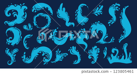 Water splashes silhouettes. Cartoon liquid water drops, flows and waves, black aqua splashes flat vector illustration set. Water splash silhouettes on dark backbround Water splashes silhouettes. Cartoon liquid water drops, flows and waves, black aqua splashes flat vector illustration set. Water splash silhouettes on dark backbround 123805461