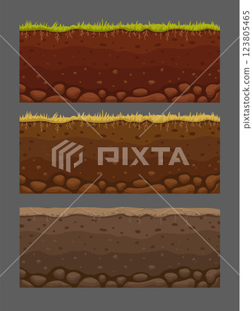 Seamless soil layers. Layered dirt clay, ground layer with stones and grass on dirts cliff texture, underground buried rock, archeology landscape cartoon vector pattern isolated set Seamless soil layers. Layered dirt clay, ground layer with stones and grass on dirts cliff texture, underground buried rock, archeology landscape cartoon vector pattern isolated set 123805465