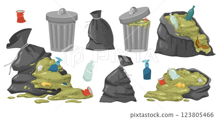 City trash bag. Rotting garbage in waste bag or street dustbins, full can bin pile rubbish accumulation dumpster overflow dump dirty food, cartoon trashcan neat vector illustration of waste garbage City trash bag. Rotting garbage in waste bag or street dustbins, full can bin pile rubbish accumulation dumpster overflow dump dirty food, cartoon trashcan neat vector illustration of waste garbage 123805466