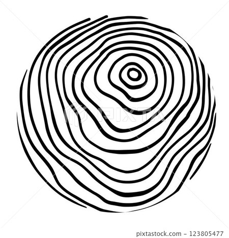 Wood line circle. Tree trunk cross section with topography rings, black and white timber log slices with contour sketch. Vector isolated icon on white Wood line circle. Tree trunk cross section with topography rings, black and white timber log slices with contour sketch. Vector isolated icon on white 123805477