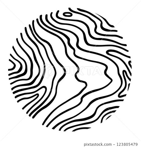 Wood line circle. Tree trunk cross section with topography rings, black and white timber log slices with contour sketch. Vector isolated icon on white Wood line circle. Tree trunk cross section with topography rings, black and white timber log slices with contour sketch. Vector isolated icon on white 123805479