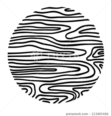 Wood line circle. Tree trunk cross section with topography rings, black and white timber log slices with contour sketch. Vector isolated icon on white 123805488