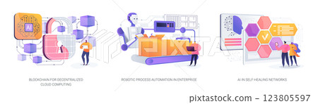 Decentralized and Automated Efficiency abstract concept vector illustrations. 123805597