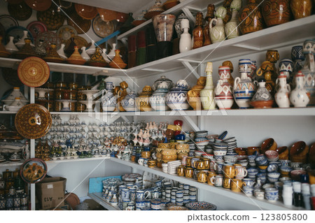 Close up view of ceramic objects, classic Moroccan crafts in Tetouan Close up view of ceramic objects, classic Moroccan crafts in Tetouan 123805800