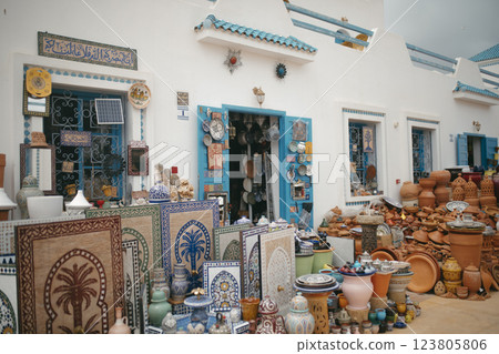 Close up view of ceramic objects, classic Moroccan crafts in Tetouan 123805806