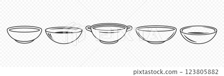 Hand Drawn Bowls Vector Set. Sketch Style Kitchenware. Empty and Full Bowls Illustration. Traditional Ceramic and Wooden Bowl Design for Cooking, Food and Tableware Hand Drawn Bowls Vector Set. Sketch Style Kitchenware. Empty and Full Bowls Illustration. Traditional Ceramic and Wooden Bowl Design for Cooking, Food and Tableware 123805882