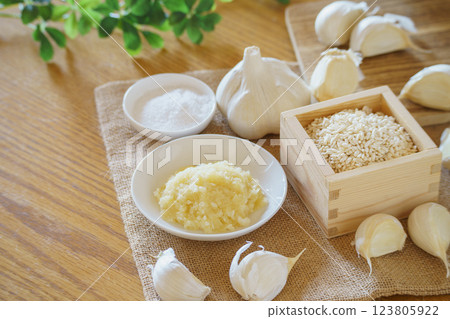 Garlic Koji and ingredients (garlic, rice koji, salt) 123805922