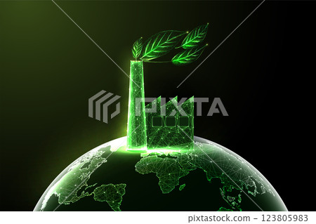 Green factory on Earth with leaves. Sustainable industry, eco-friendly production, ESG strategy Green factory on Earth with leaves. Sustainable industry, eco-friendly production, ESG strategy 123805983