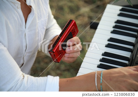 Boy Plays Music With Harmonica And Keyboard Among The Olive Trees Of Calabria 123806830