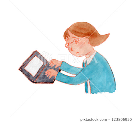 一位眼睛疲憊的女人使用筆記型電腦的水彩插圖 123806930