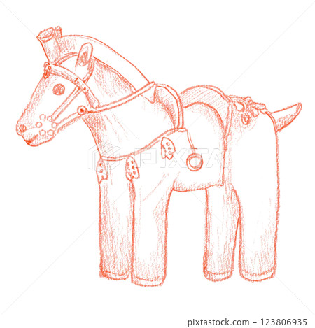 Hand-drawn illustration of a horse-shaped clay figure 123806935