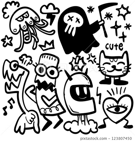 Doodle art featuring whimsical characters like jellyfish, ghost, and cat, showcasing playful designs and vibrant expressions. Perfect for creative projects 123807450