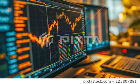 Stock market trends displayed on dual monitors in an office environment during the afternoon 123807881