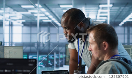Programmer requesting help from manager while working on computer in data center, monitoring hardware energy consumption. Team leader overseeing IT expert checking for system failures, camera A 123807901