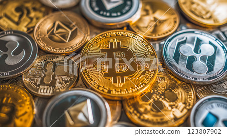 Collection of various cryptocurrency coins displayed together on a surface in bright lighting 123807902