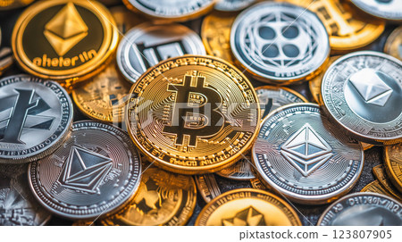 Cryptocurrency collection with Bitcoin and Ethereum coins displayed together on a vibrant background 123807905