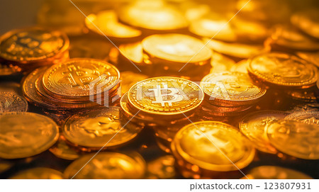 Gold coins representing cryptocurrency shine brightly in a vibrant setting during late afternoon 123807931